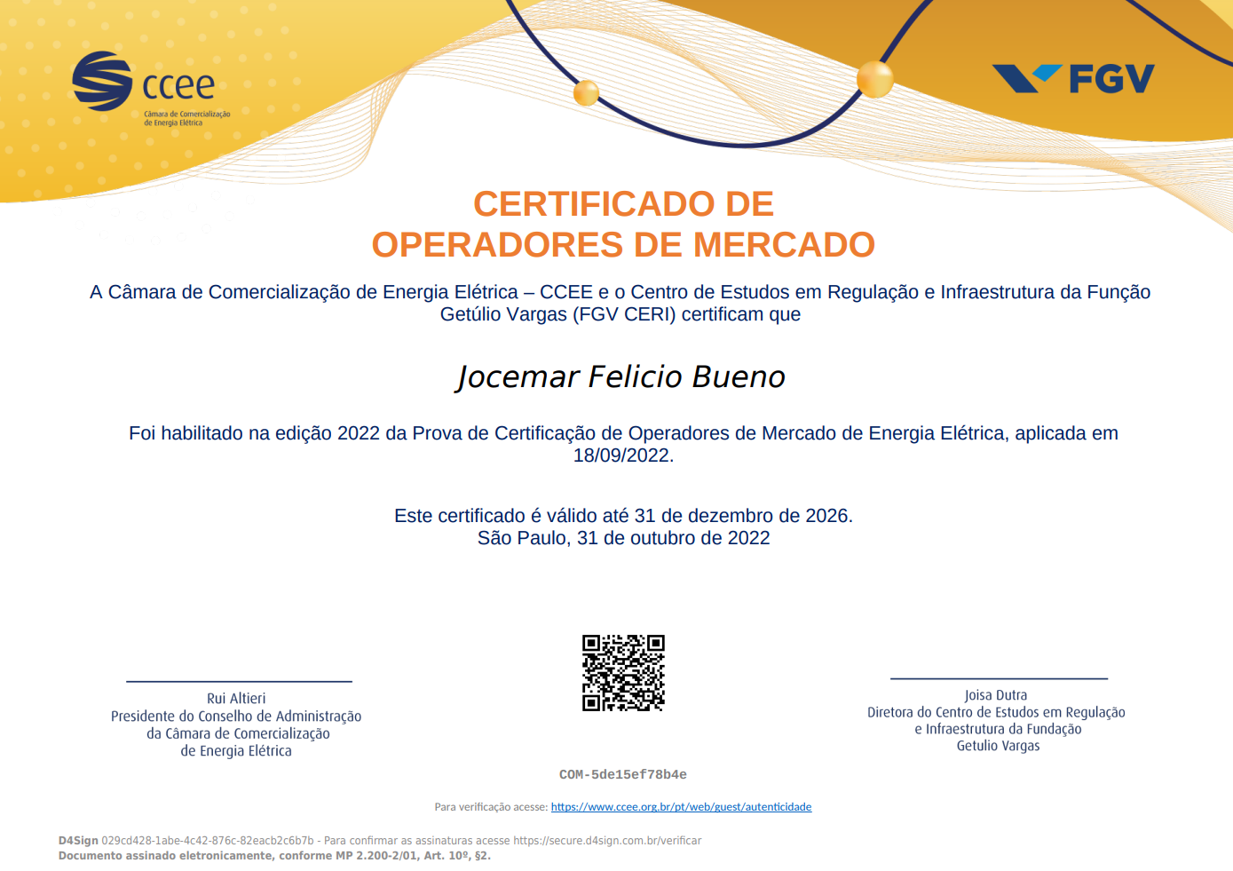 Certificado de Operador do Mercado - Jocemar Felicio Bueno