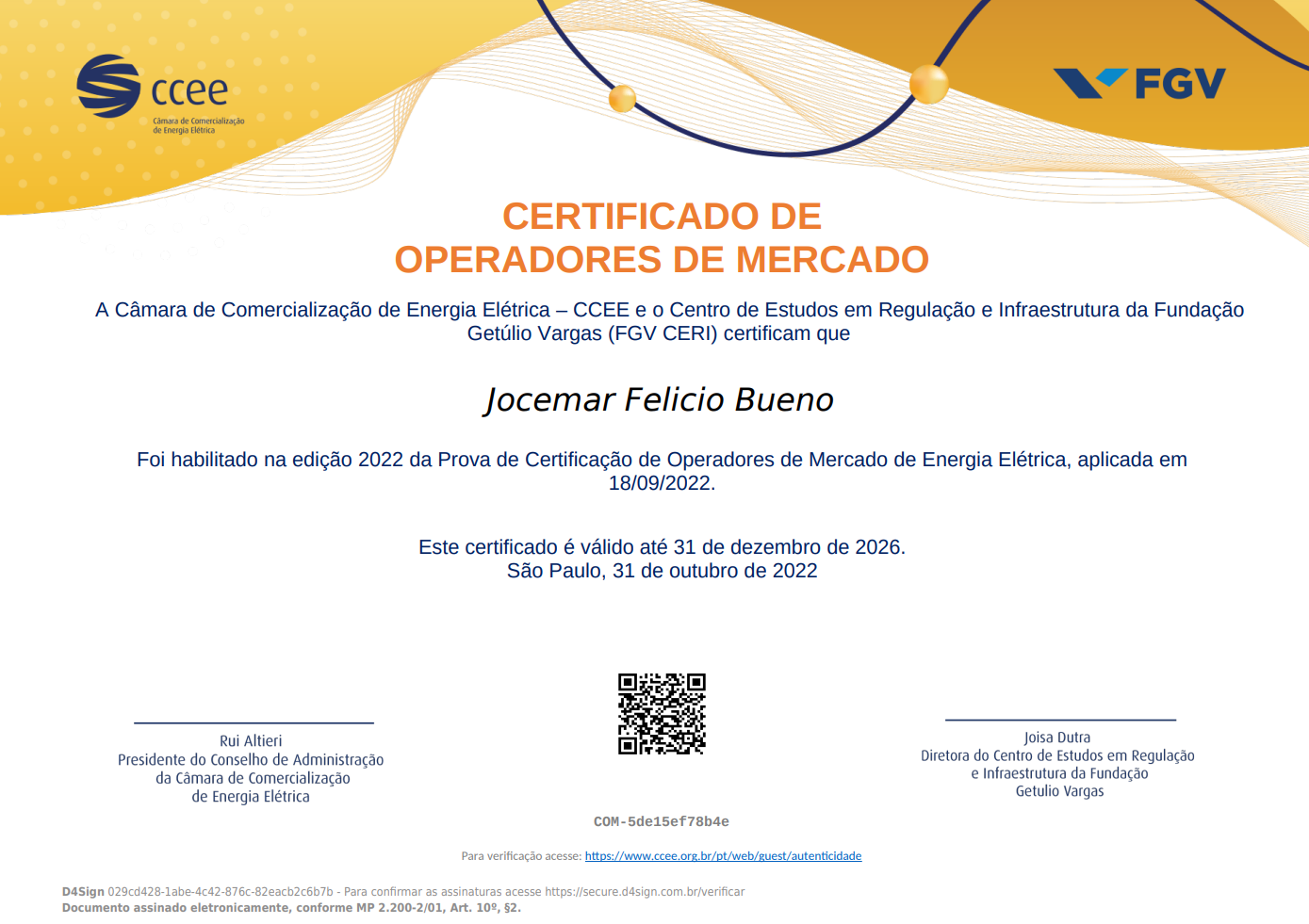 Certificado de Operador do Mercado - Jocemar Felicio Bueno